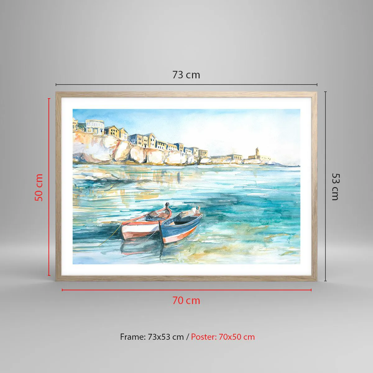 Poster in einem Rahmen aus heller Eiche - Landschaft in Azurblau - 70x50 cm