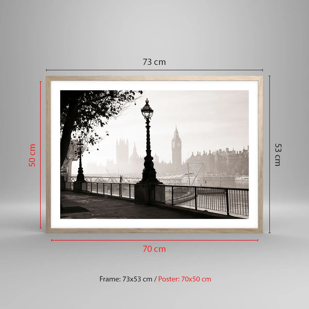 Plakat i ramme af lyst egetræ - London morgen - 70x50 cm