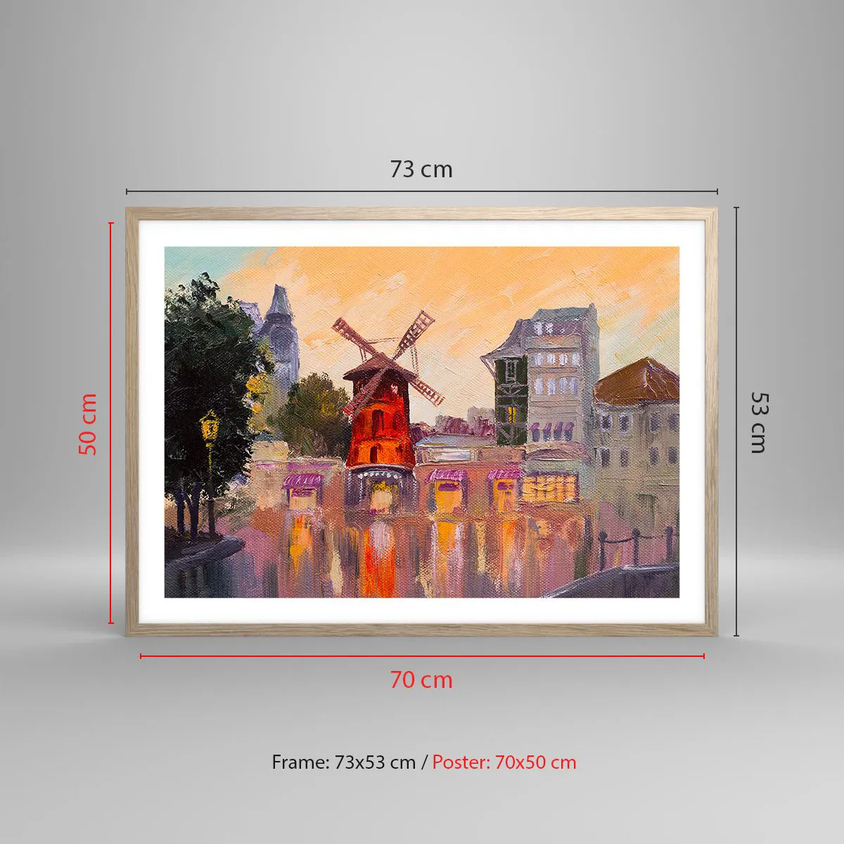Poszter világos tölgy keretben - Párizsi ikonok - Moulin Rouge - 70x50 cm