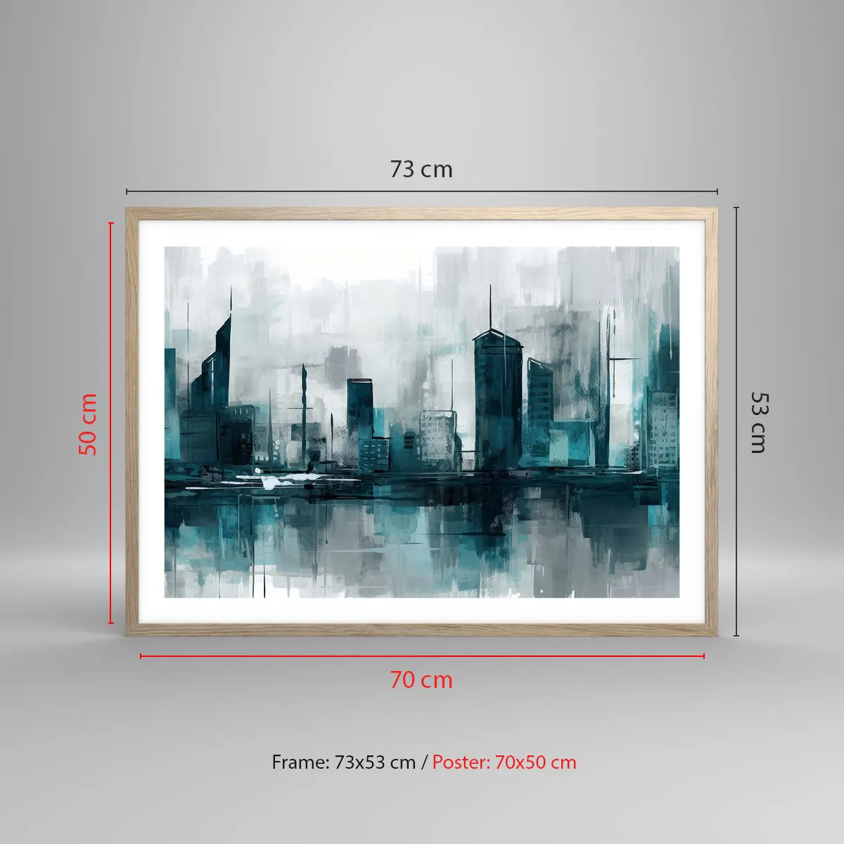 Een poster in een licht eiken lijst - Een stad in de kleur van regen - 70x50 cm