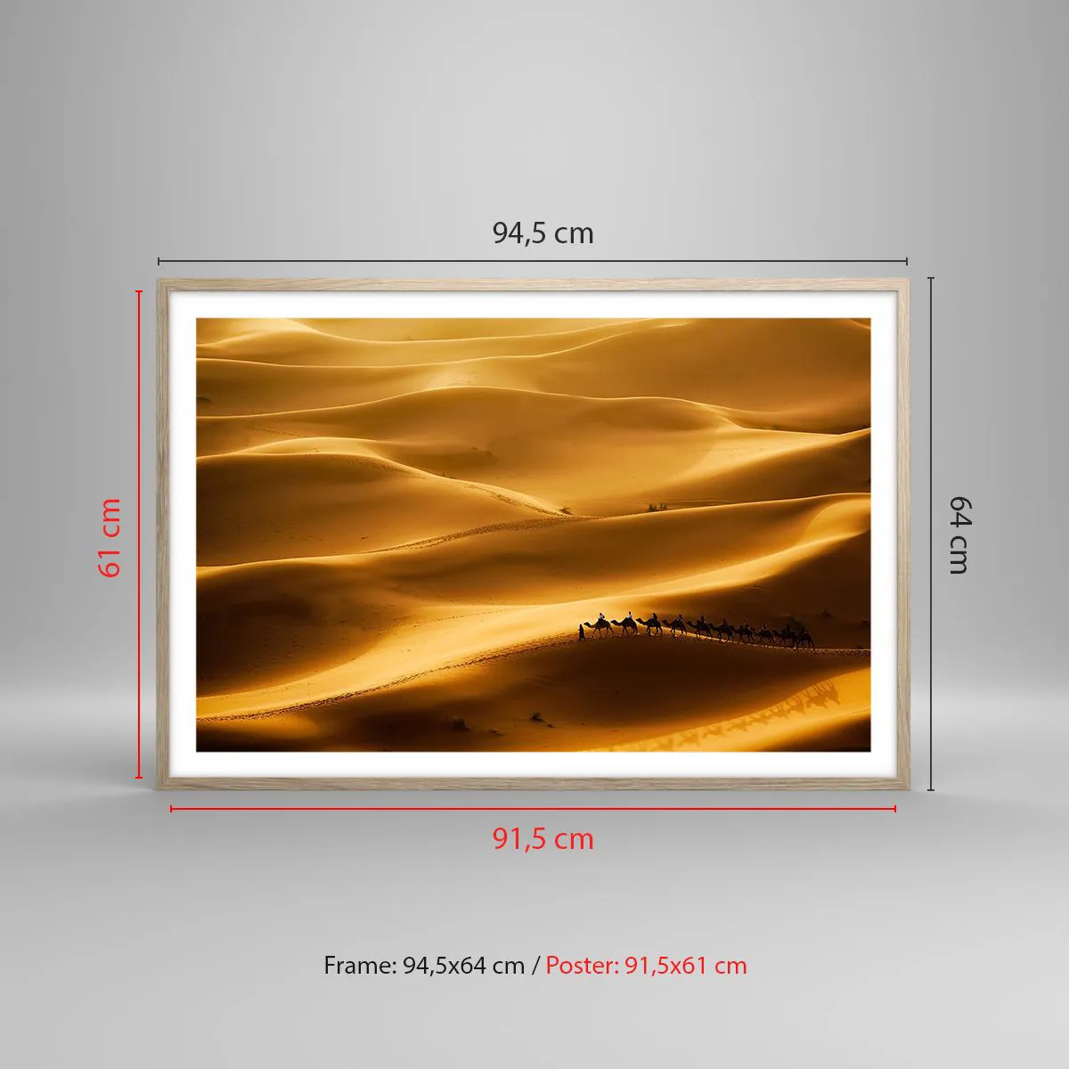 Poster in einem Rahmen aus heller Eiche - Wohnwagen in den Wüstenwellen - 91x61 cm