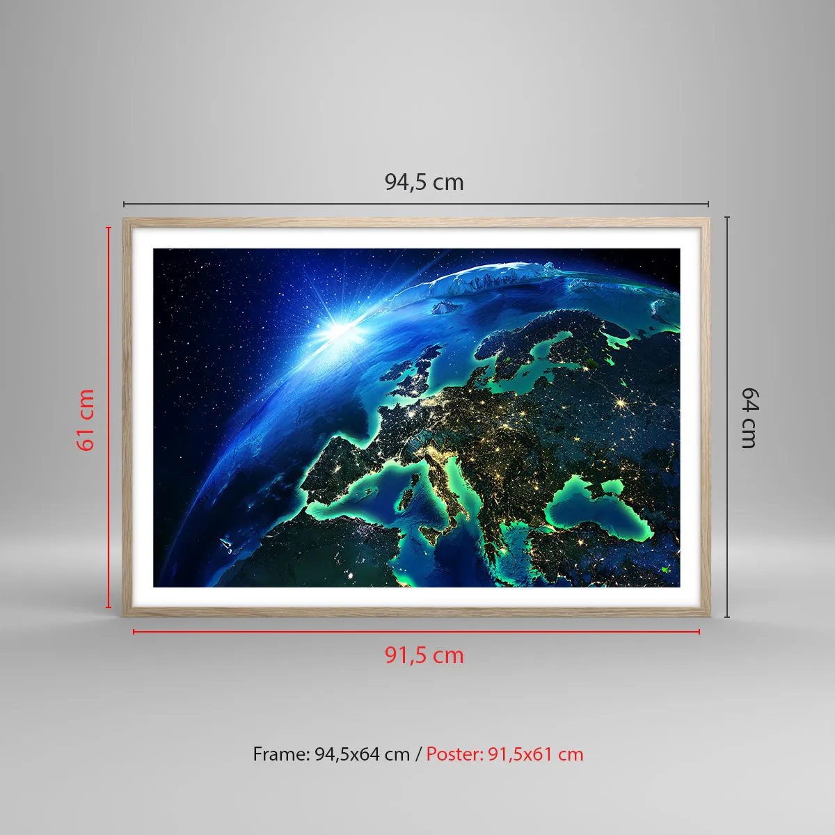 Plakat i ramme af lyst egetræ - Et funklende Europa - 91x61 cm