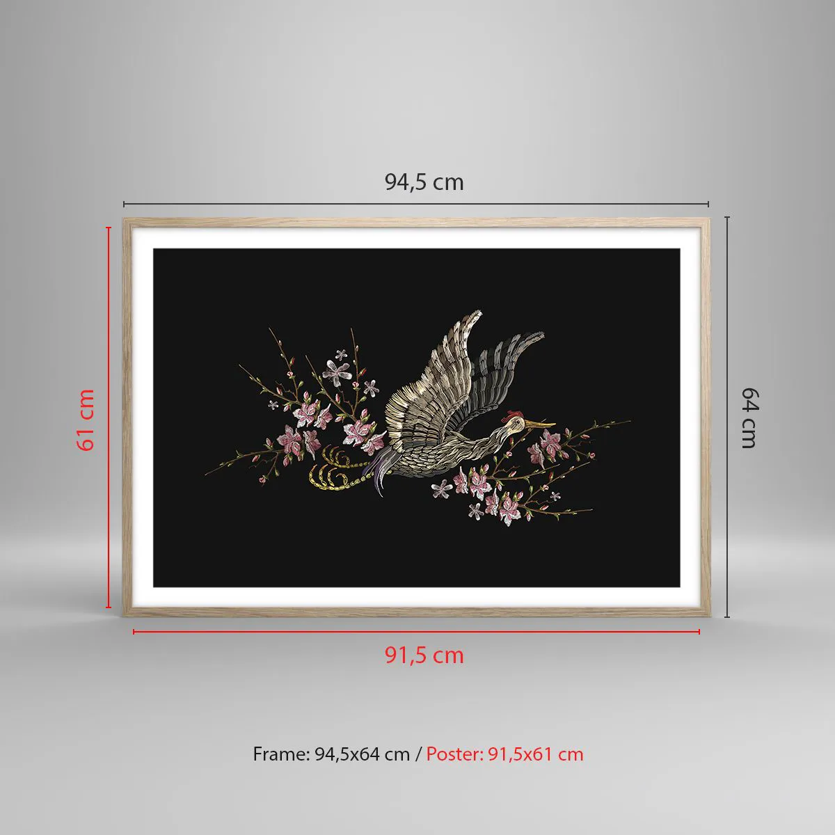 Affiche dans un chêne clair - Poster - Oiseau brodé exotique - 91x61 cm