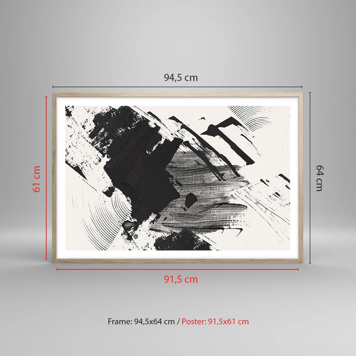 Plakat i ramme af lyst egetræ - Abstraktion - det sortes udtryk - 91x61 cm