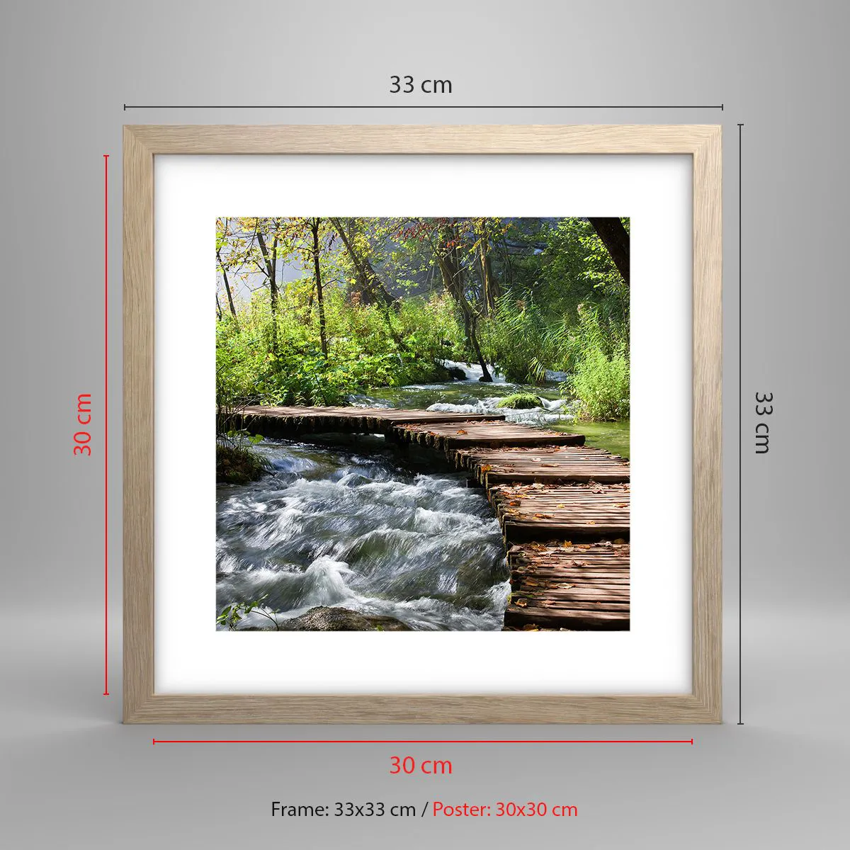 Een poster in een licht eiken lijst - Boven de schuimige waterval - 30x30 cm