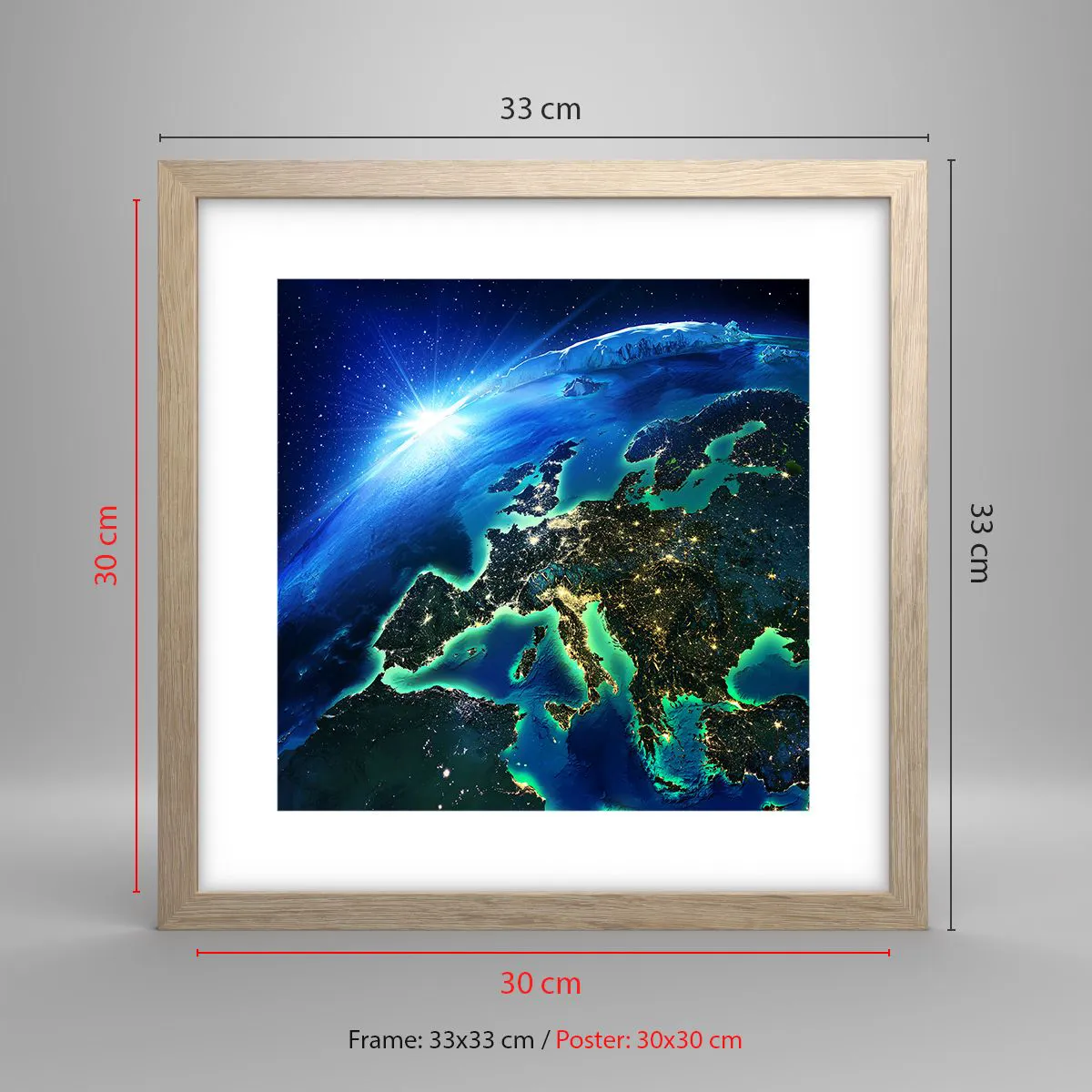 Plakat i ramme af lyst egetræ - Et funklende Europa - 30x30 cm