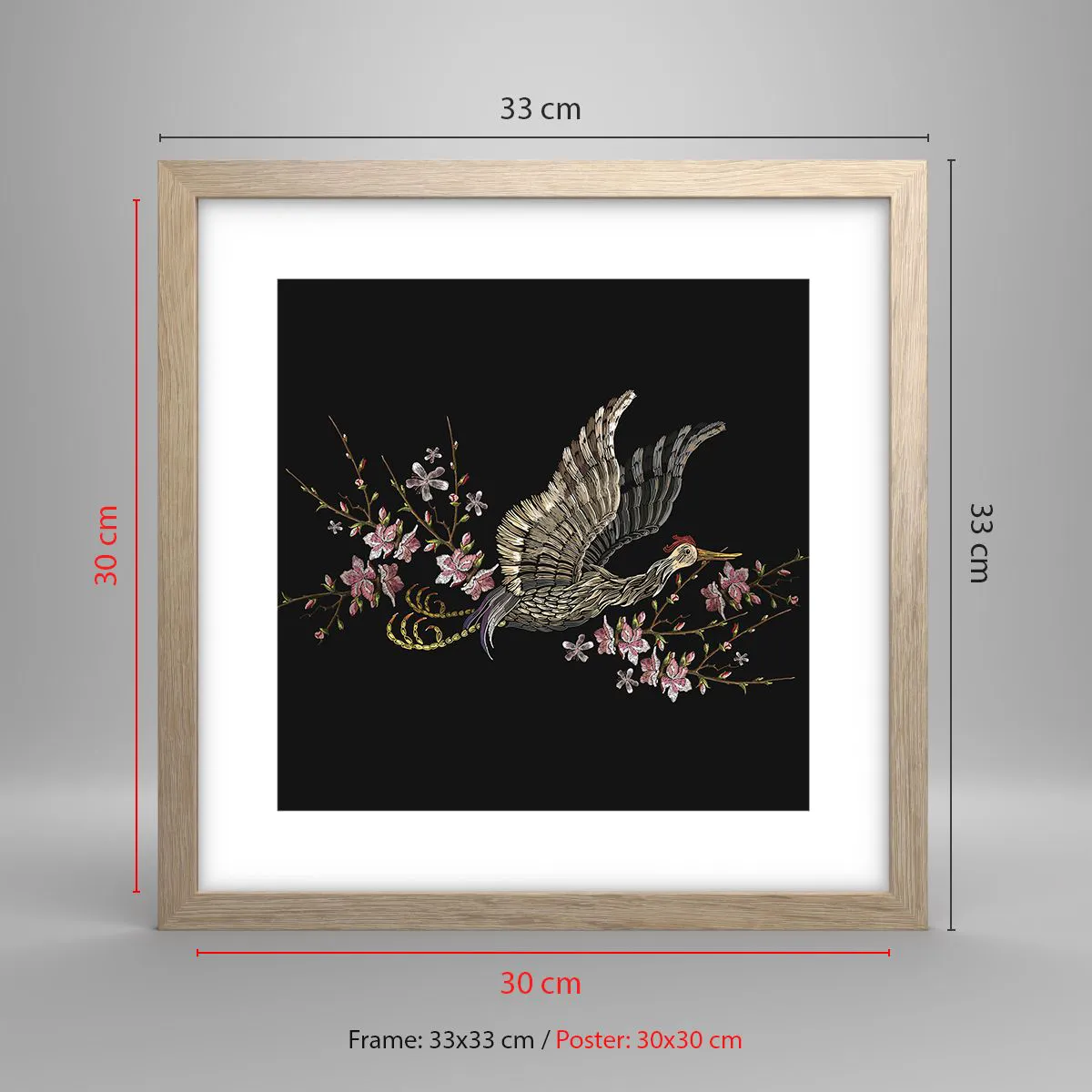 Affiche dans un chêne clair - Poster - Oiseau brodé exotique - 30x30 cm