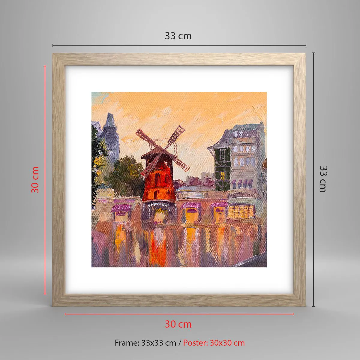 Poster in light oak frame - Icons of Paris - Moulin Rouge - 30x30 cm