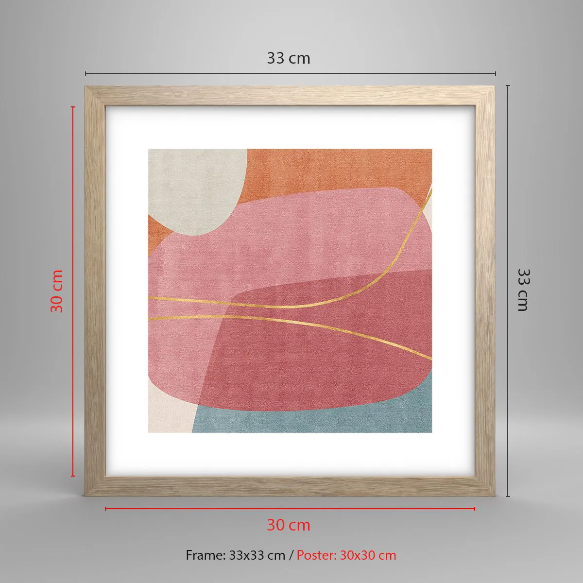 Poster in einem Rahmen aus heller Eiche - Pastellkomposition mit Goldfaden - 30x30 cm