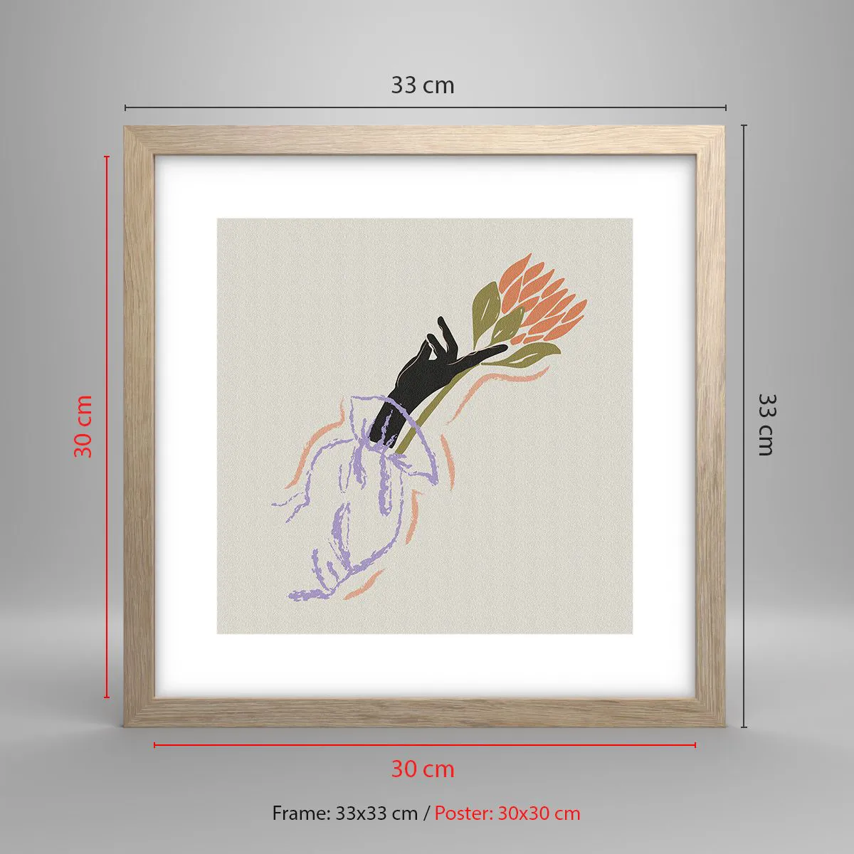 Plakat i ramme af lyst egetræ - En søsterlig berøring - 30x30 cm