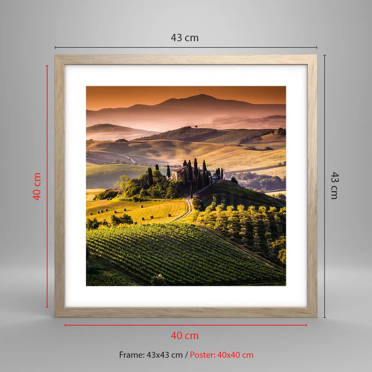 Pôster com moldura de carvalho claro - Arcádia - Paisagem toscana - 40x40 cm