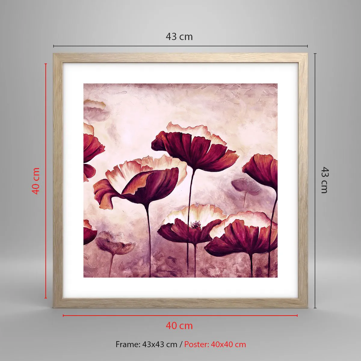 Plakát v rámu světlý dub - Červený a bílý plátek - 40x40 cm