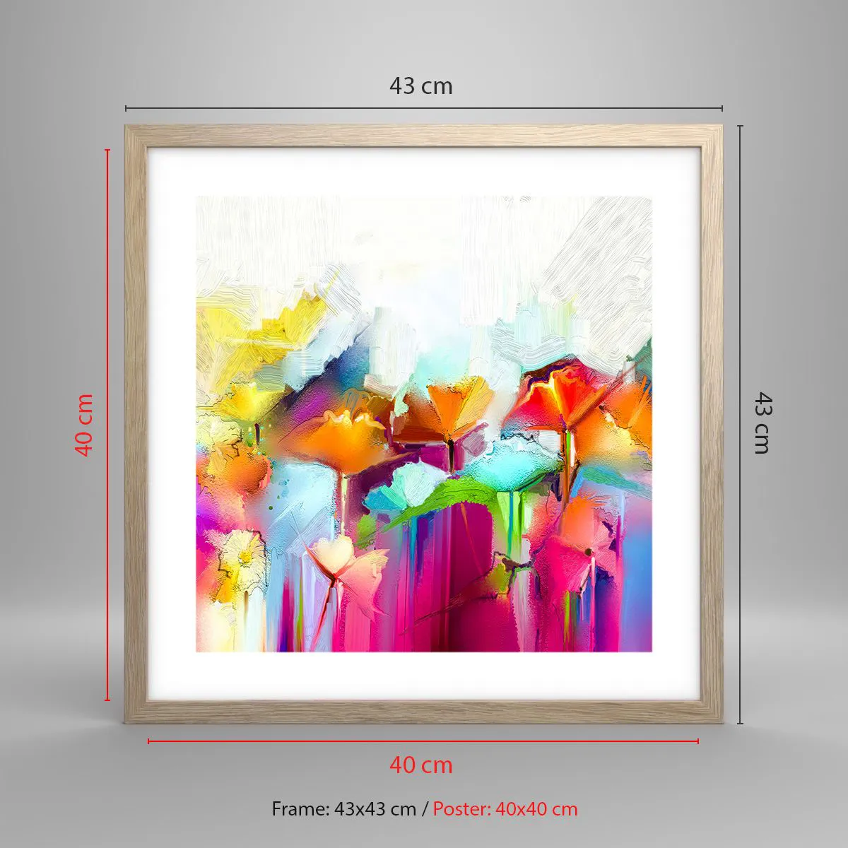 Plakat i ramme af lyst egetræ - Regnbuen i blomstring - 40x40 cm