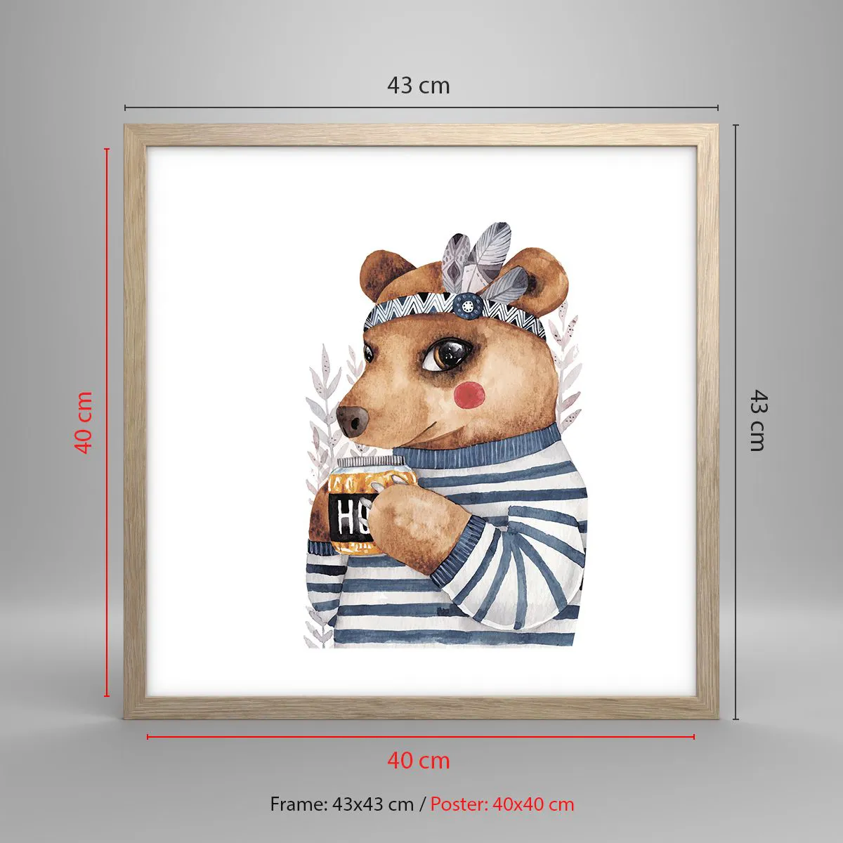 Plakat i ramme af lyst egetræ - Søde bjørn - 40x40 cm