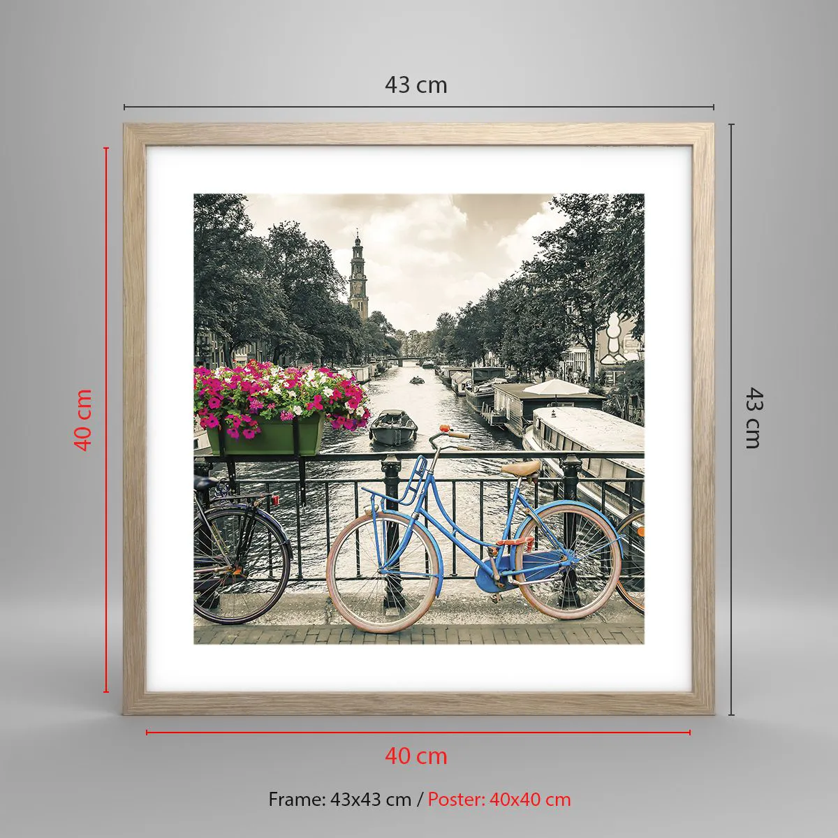 Een poster in een licht eiken lijst - De kleuren van de Amsterdamse straat - 40x40 cm