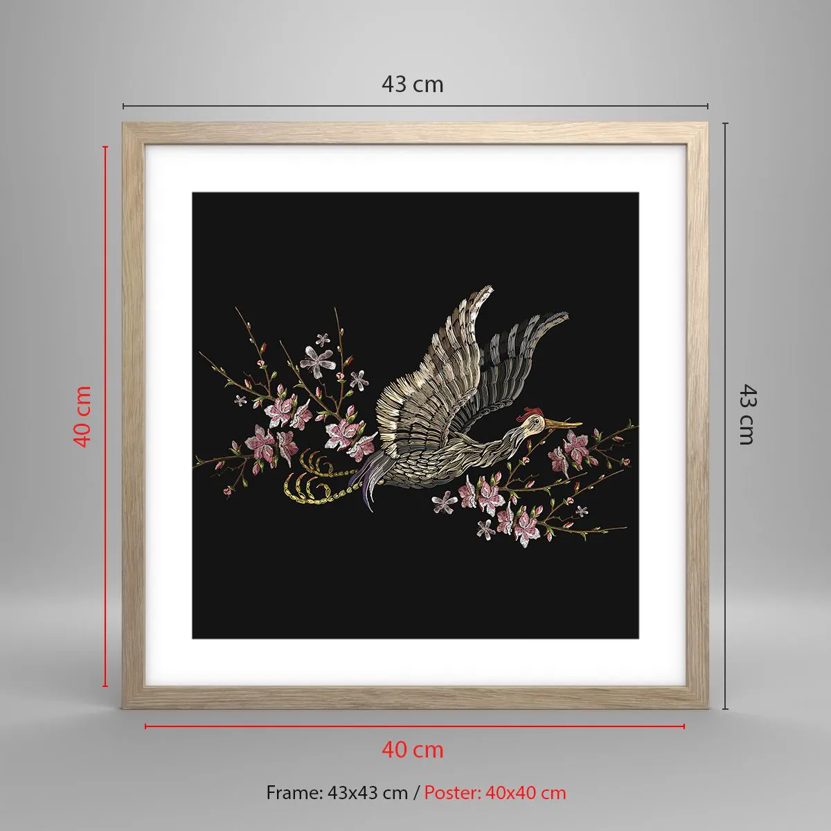 Affiche dans un chêne clair - Poster - Oiseau brodé exotique - 40x40 cm