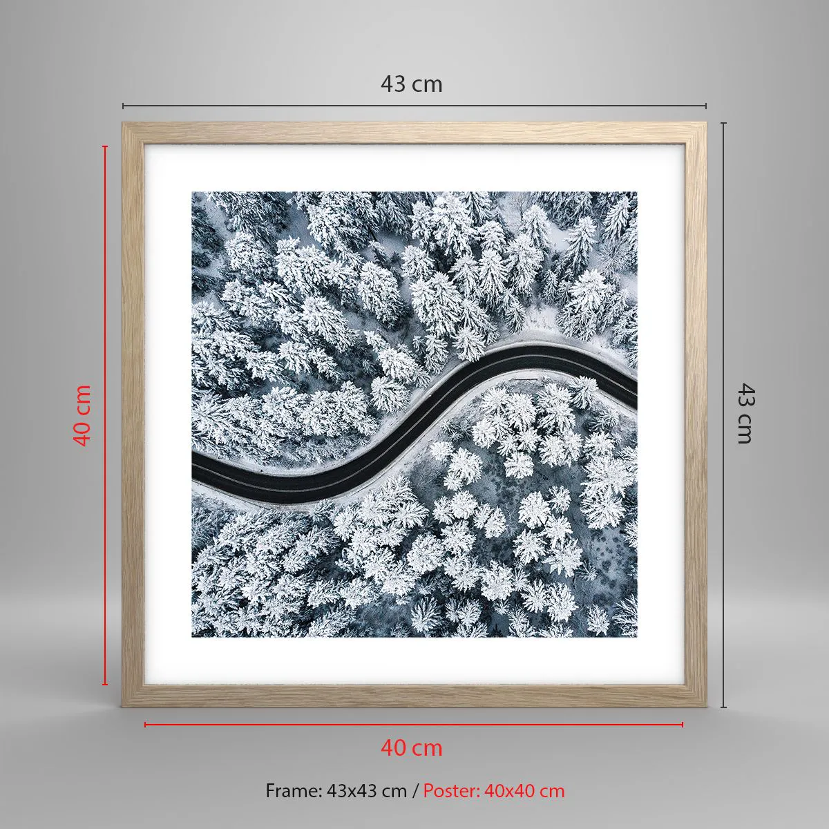 Póster en marco roble claro - A través de un bosque invernal - 40x40 cm