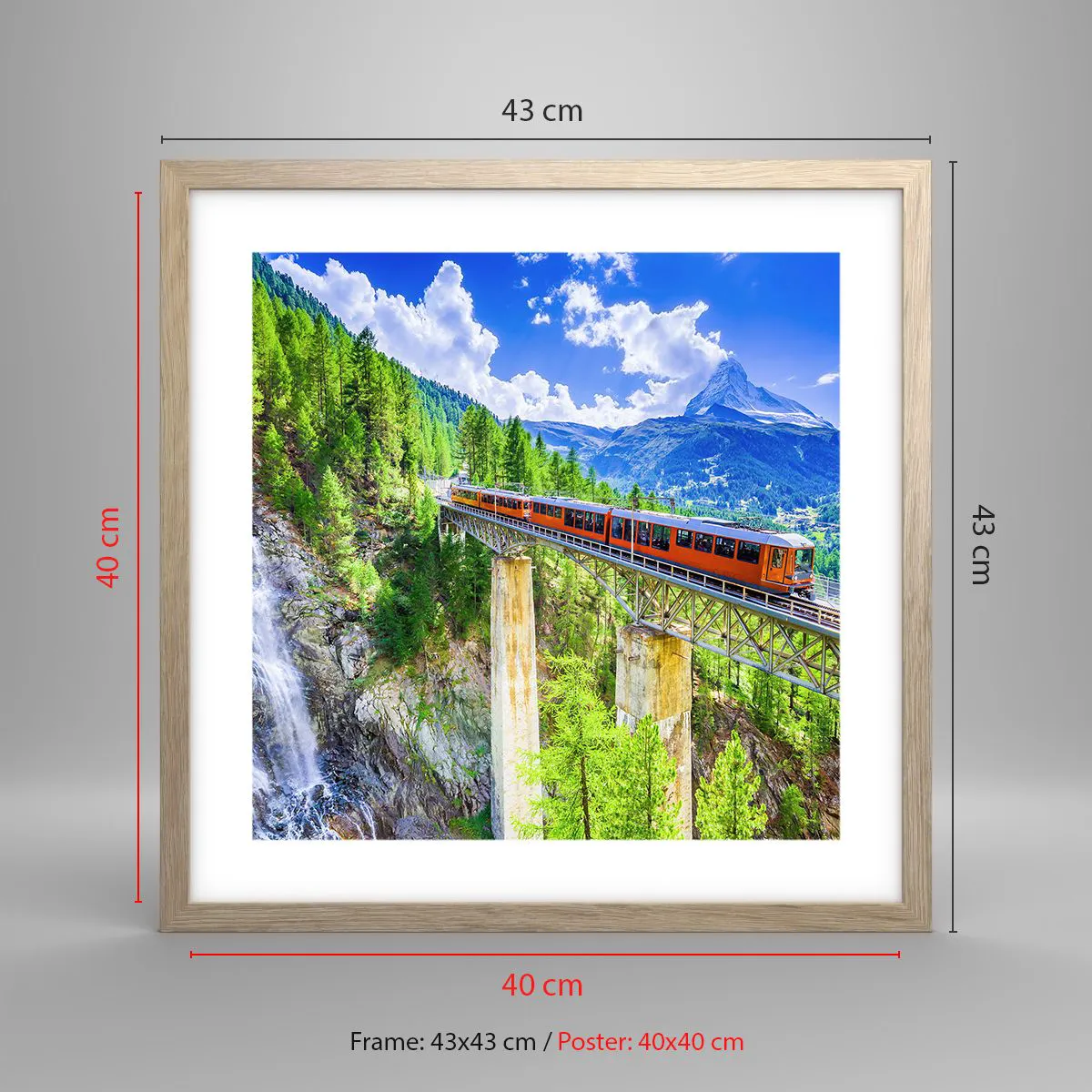 Affiche dans un chêne clair - Poster - Train dans les Alpes - 40x40 cm