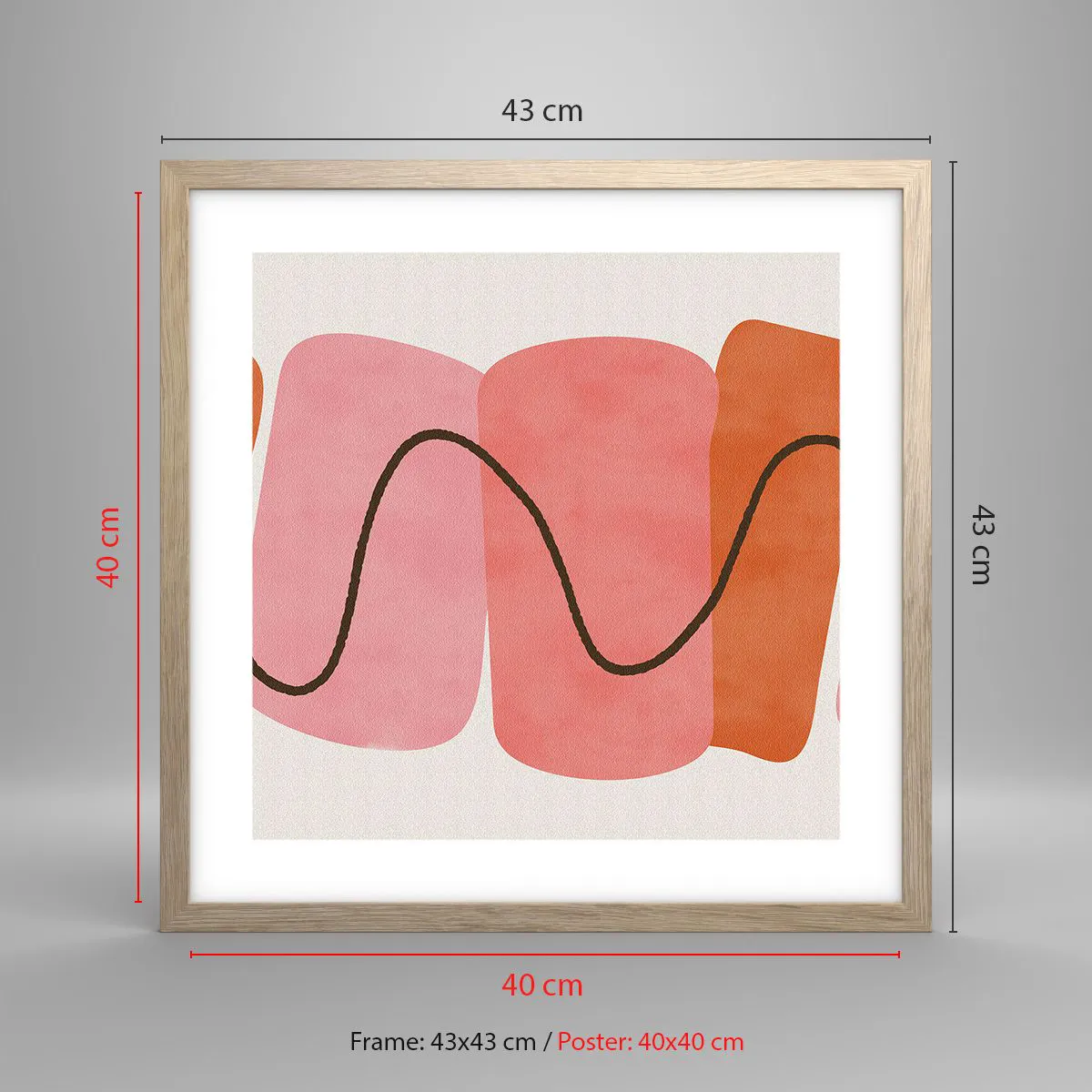 Plakat i ramme af lyst egetræ - Formernes blide bevægelse - 40x40 cm