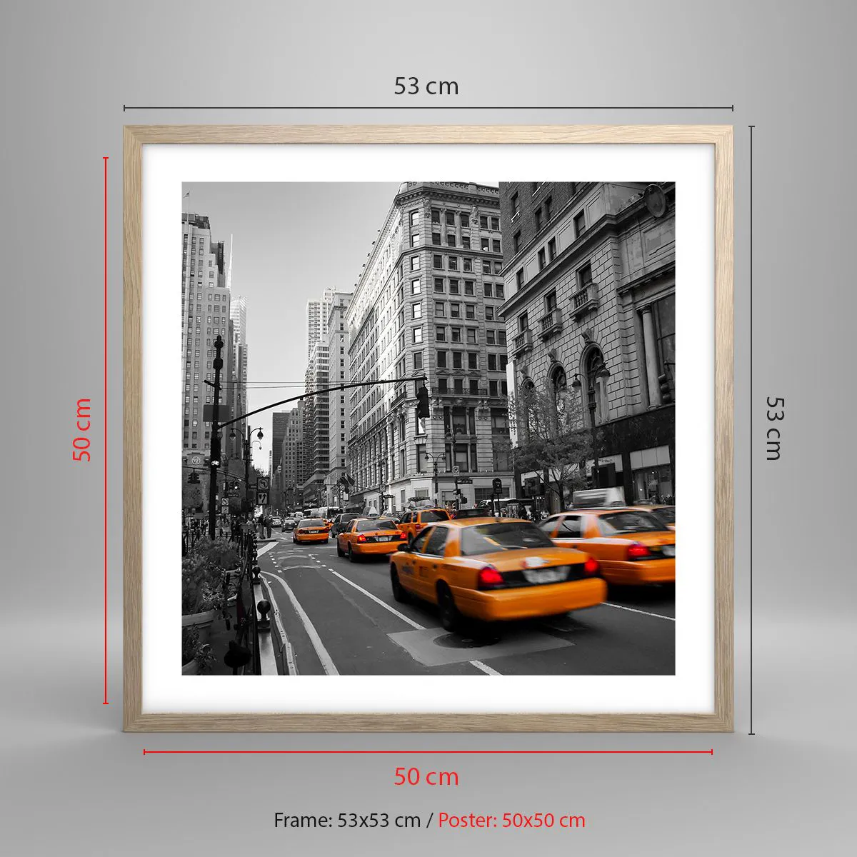 Plakat i ramme af lyst egetræ - Storbyens sol - 50x50 cm