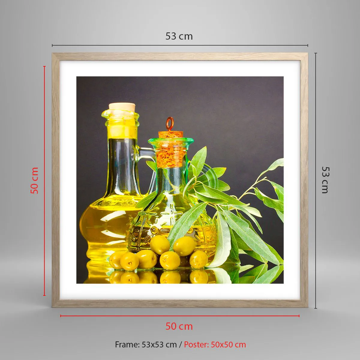 Poszter világos tölgy keretben - Csendélet olívabogyóval és olívaolajjal - 50x50 cm