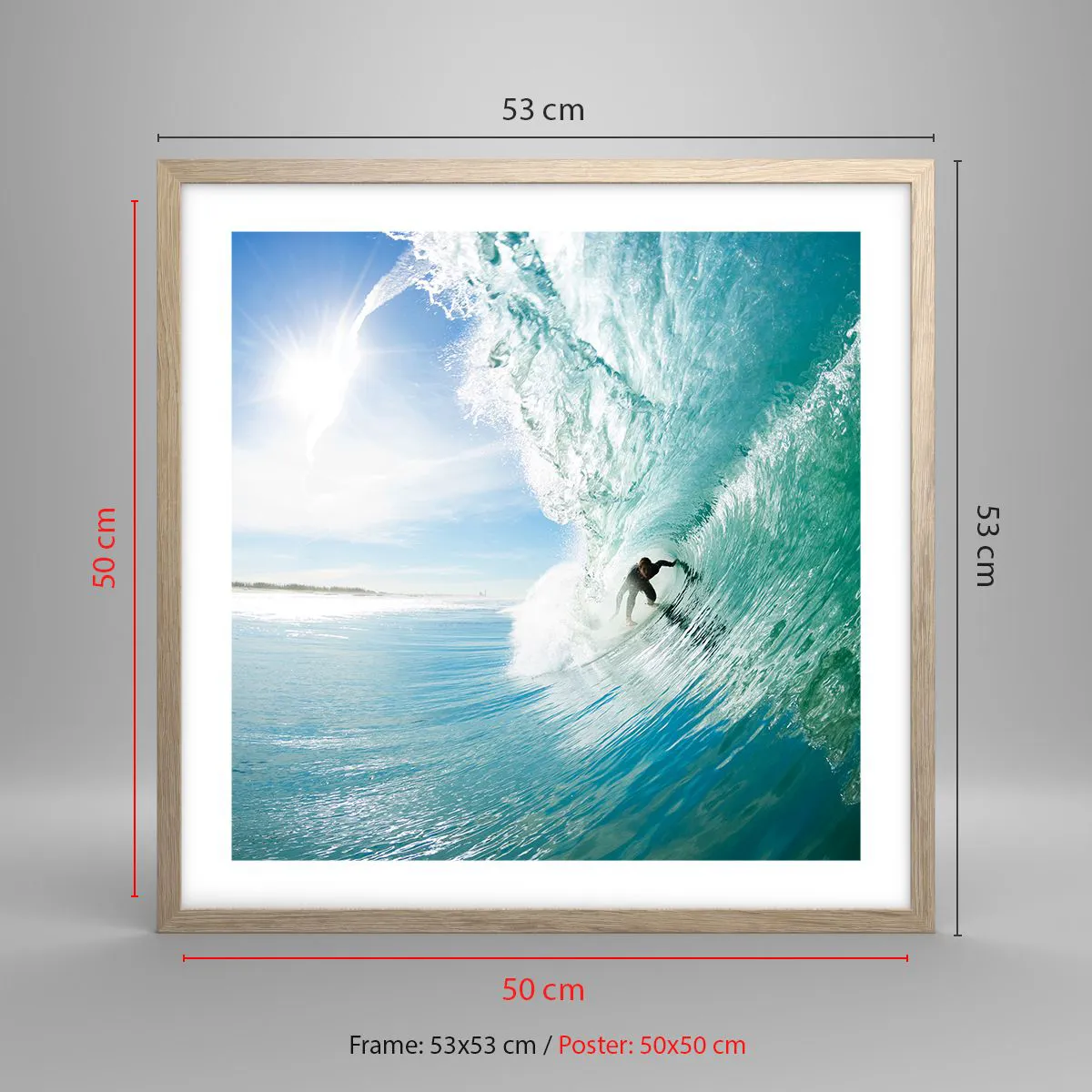 Pôster com moldura de carvalho claro - Na crista da onda - 50x50 cm