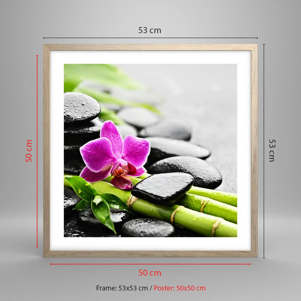 Plakat i ramme af lyst egetræ - I en fredelig balance - 50x50 cm