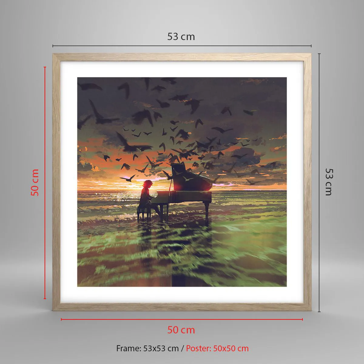 Poszter világos tölgy keretben - Koncert zongorára és a hullámokra - 50x50 cm