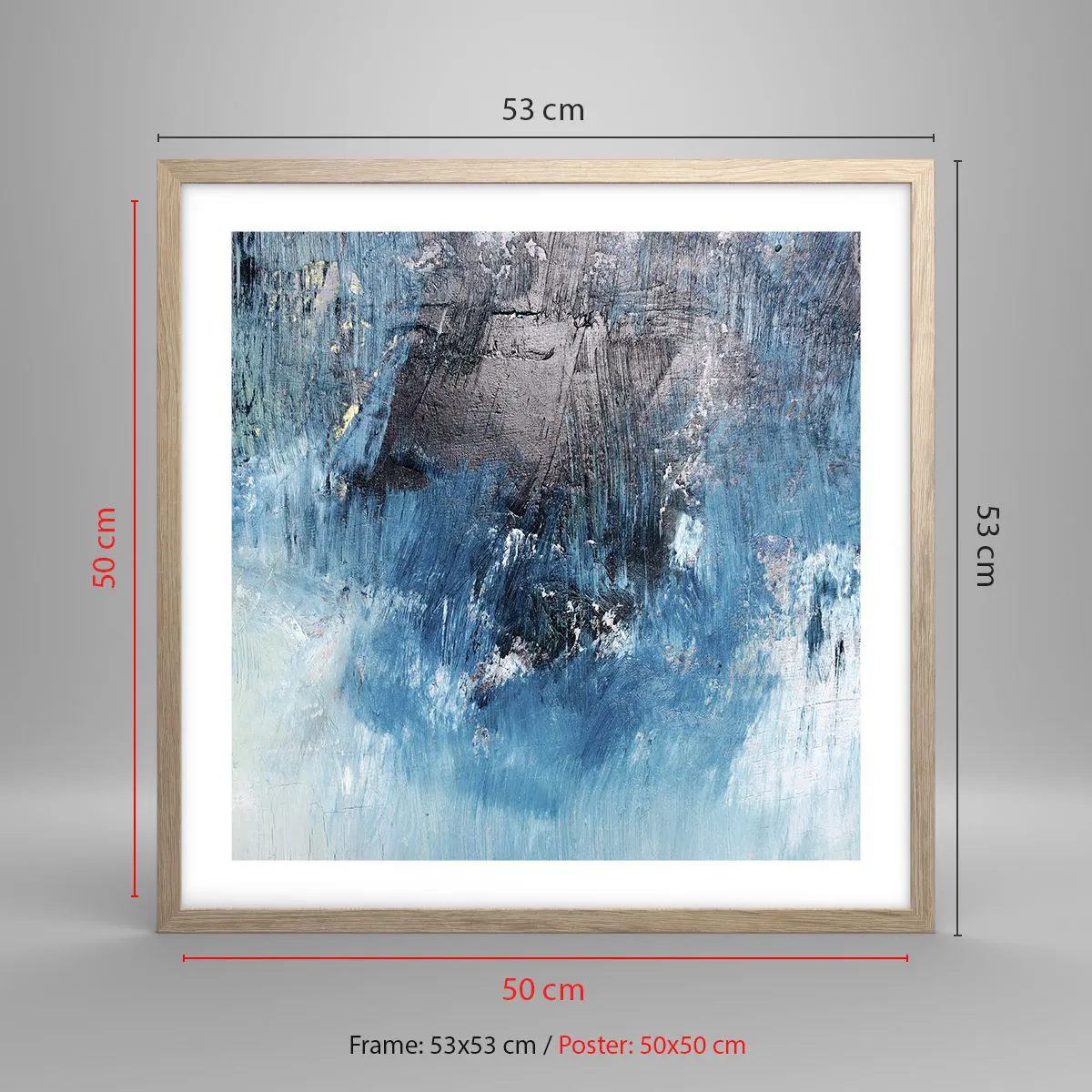 Plakat i ramme af lyst egetræ - Blå rapsodi - 50x50 cm
