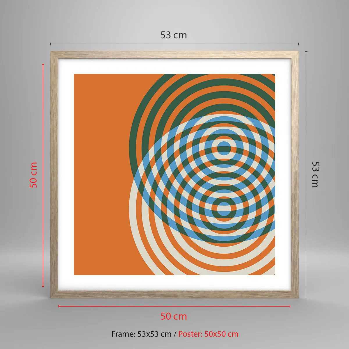 Plakat i ramme af lyst egetræ - Abstrakt cirkulær variation - 50x50 cm
