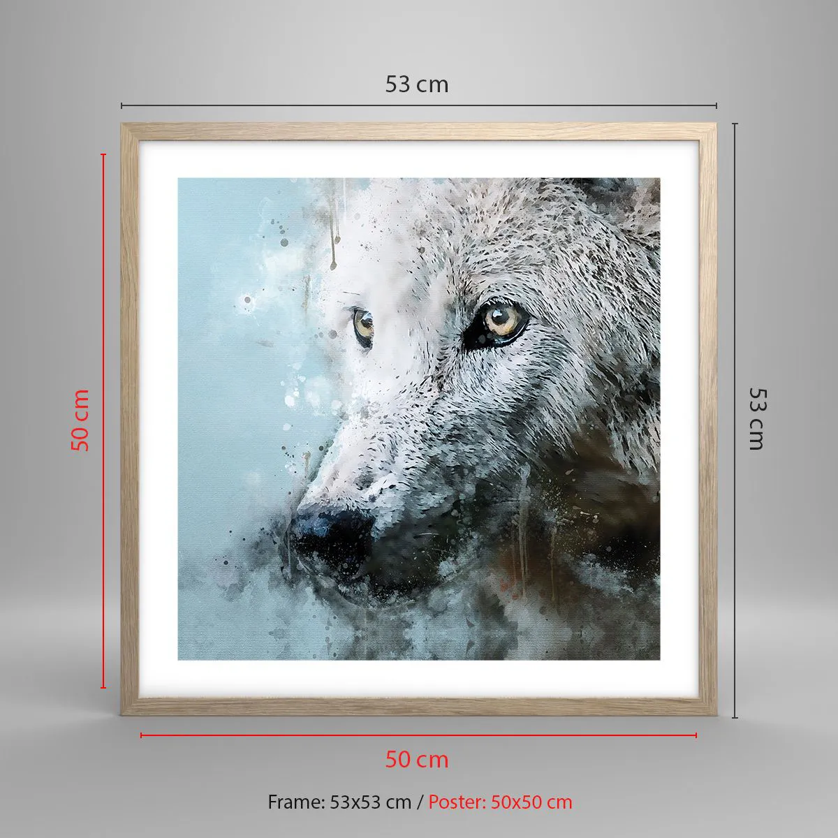 Plakat i ramme af lyst egetræ - Mød ulvesjælen - 50x50 cm