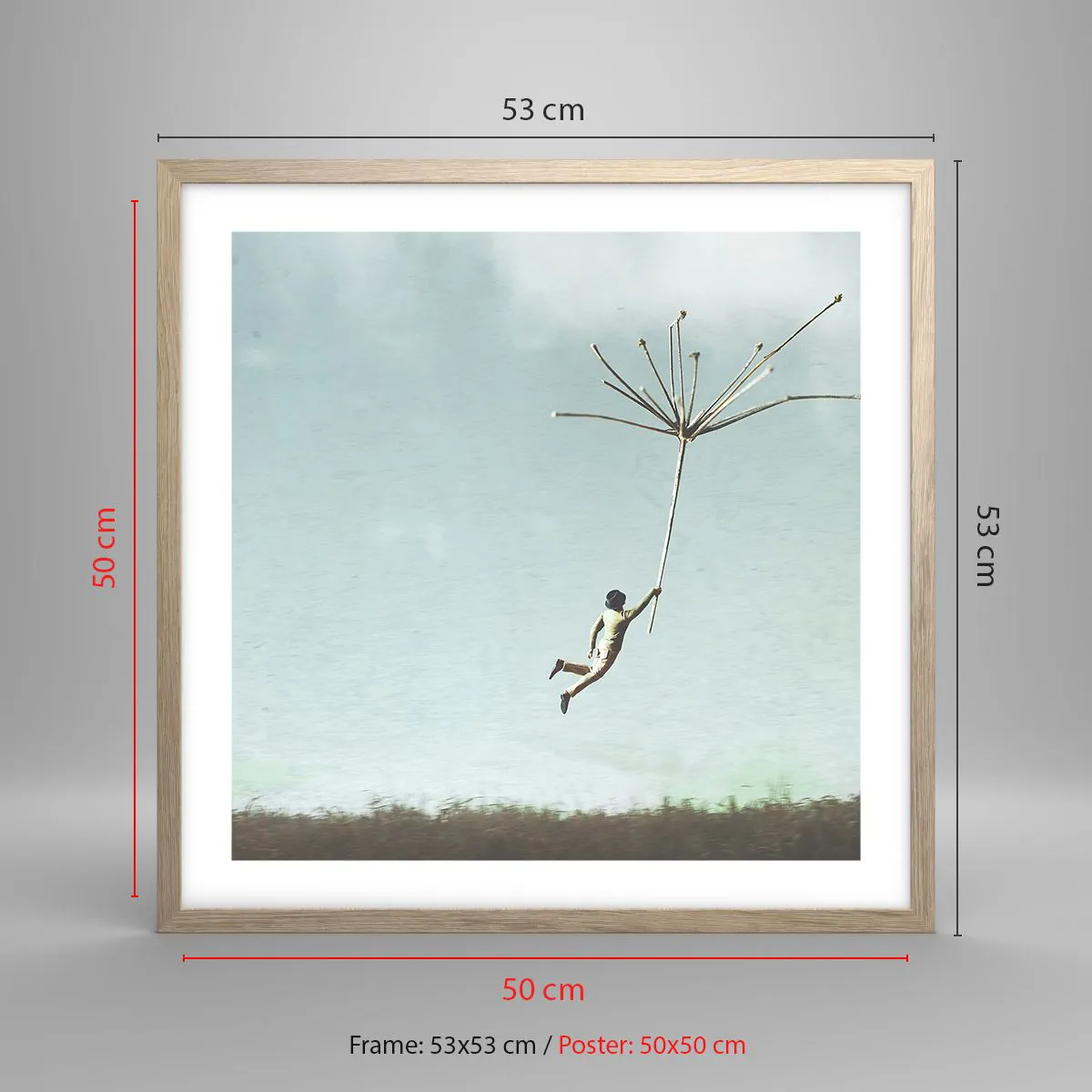 Affiche dans un chêne clair - Poster - Cerfs-volants, pissenlits, vent - 50x50 cm