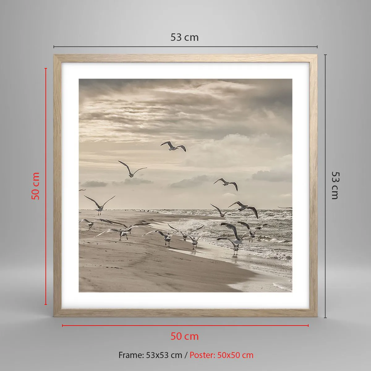 Plagát v ráme zo svetlého duba - Šumenie mora, spev vtákov - 50x50 cm