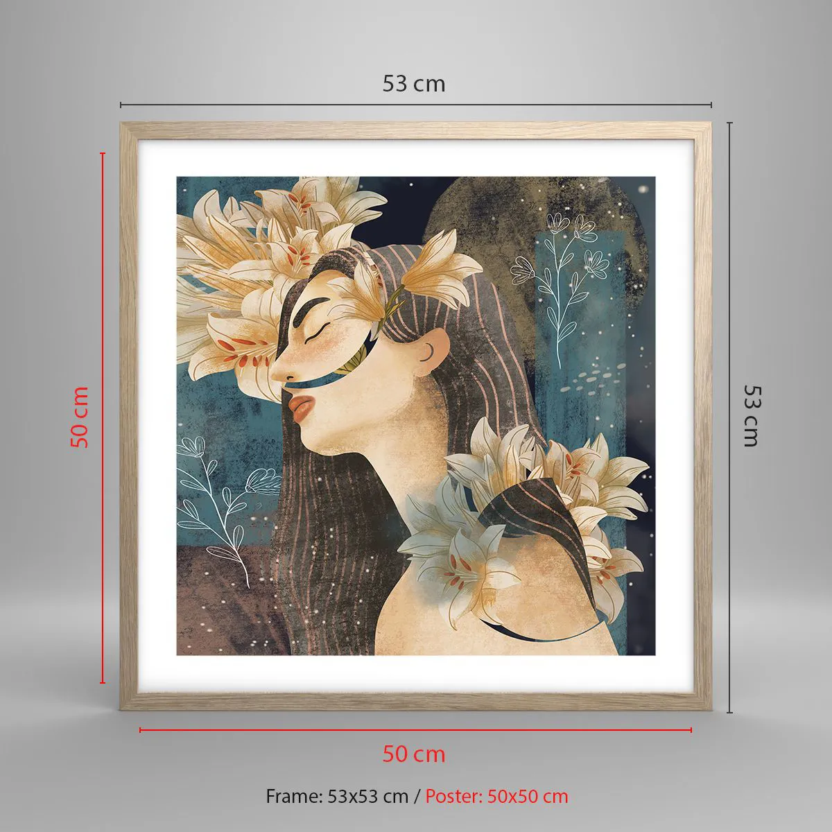 Poster in light oak frame - Tale of a Queen with Lillies - 50x50 cm