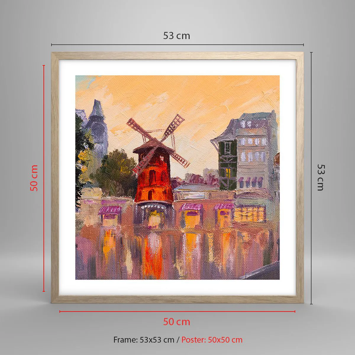 Poster in light oak frame - Icons of Paris - Moulin Rouge - 50x50 cm