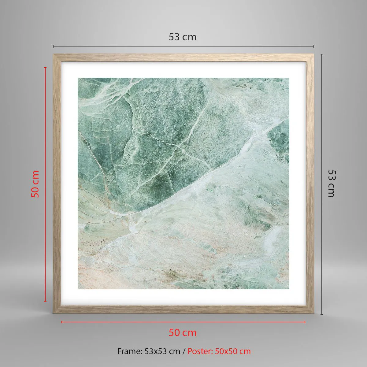 Plakat i ramme af lyst egetræ - Den ædle kølighed af sten - 50x50 cm