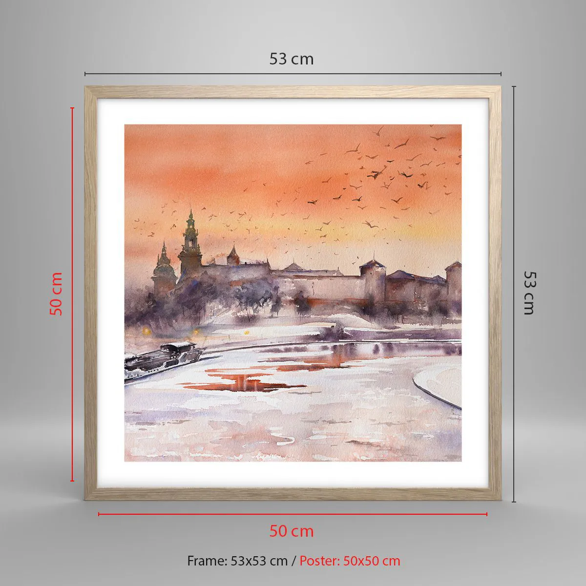 Pôster com moldura de carvalho claro - Pôr do sol real - 50x50 cm