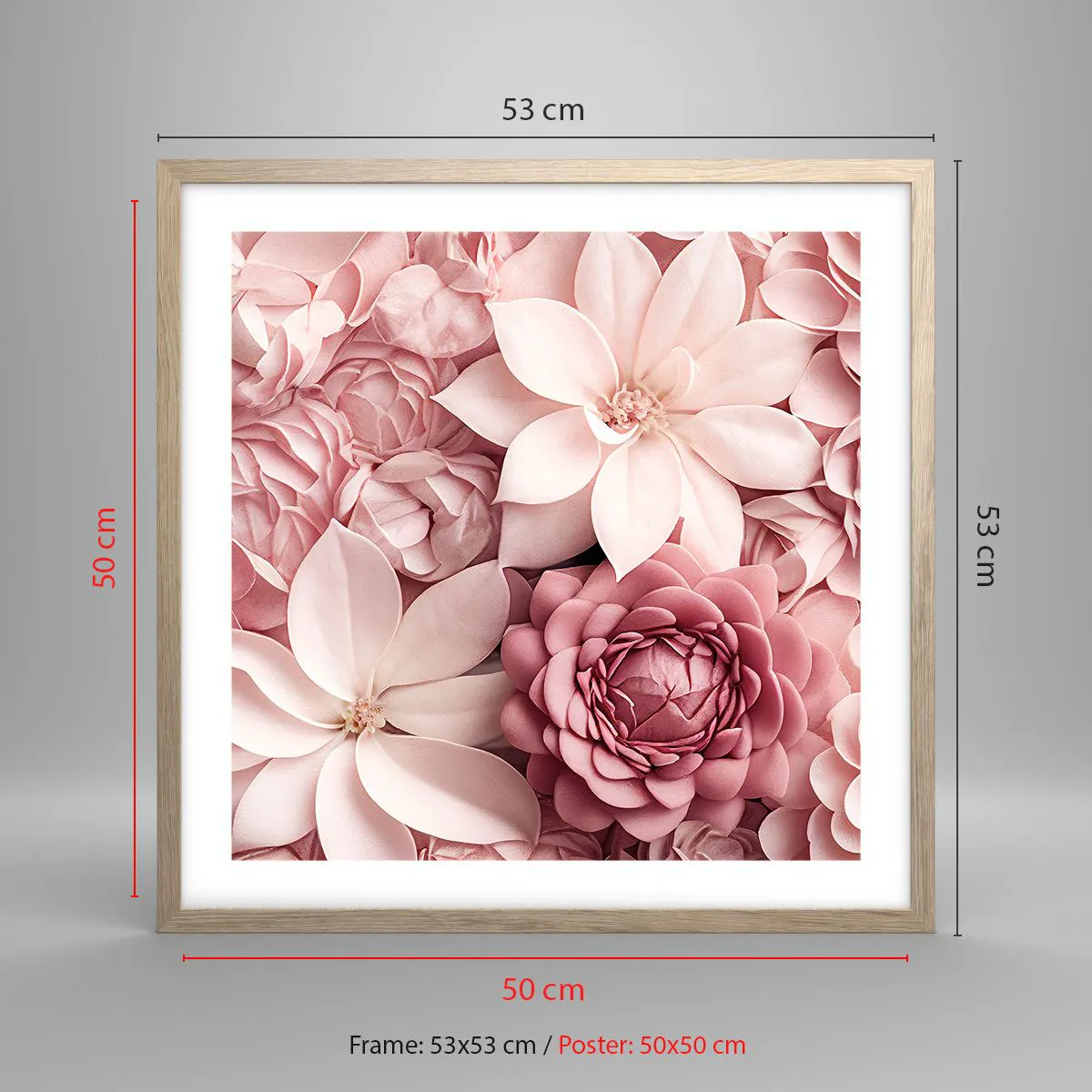 Plakat i ramme af lyst egetræ - I lyserøde kronblade - 50x50 cm
