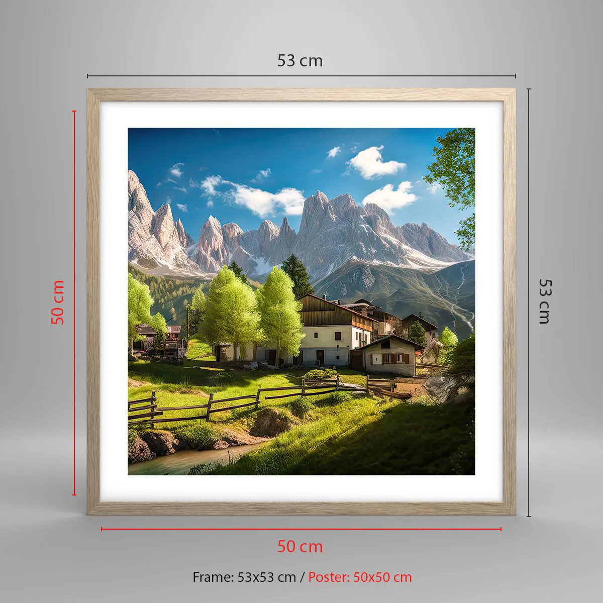 Poster in einem Rahmen aus heller Eiche - Alpenidylle - 50x50 cm