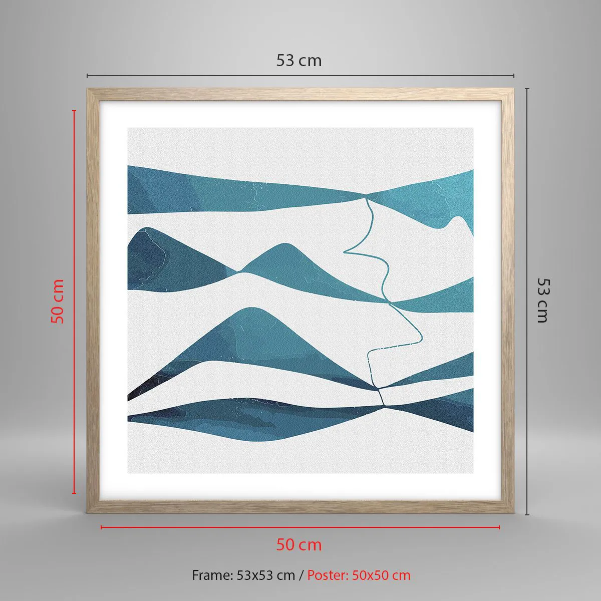 Poster in einem Rahmen aus heller Eiche - Abstraktion: türkisfarbene Verbindung - 50x50 cm