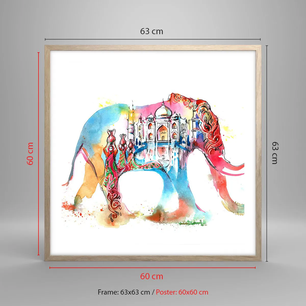 Een poster in een licht eiken lijst - India - de uitstraling van liefde - 60x60 cm