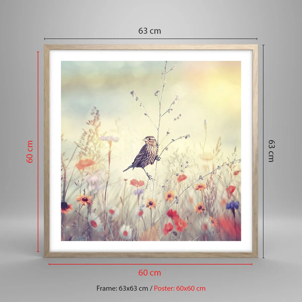 Poster in light oak frame - Bird Portrait with a Meadow in the Background - 60x60 cm