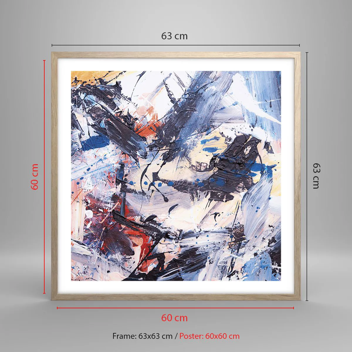 Plakat i ramme af lyst egetræ - Abstraktionens vanvittige dans - 60x60 cm