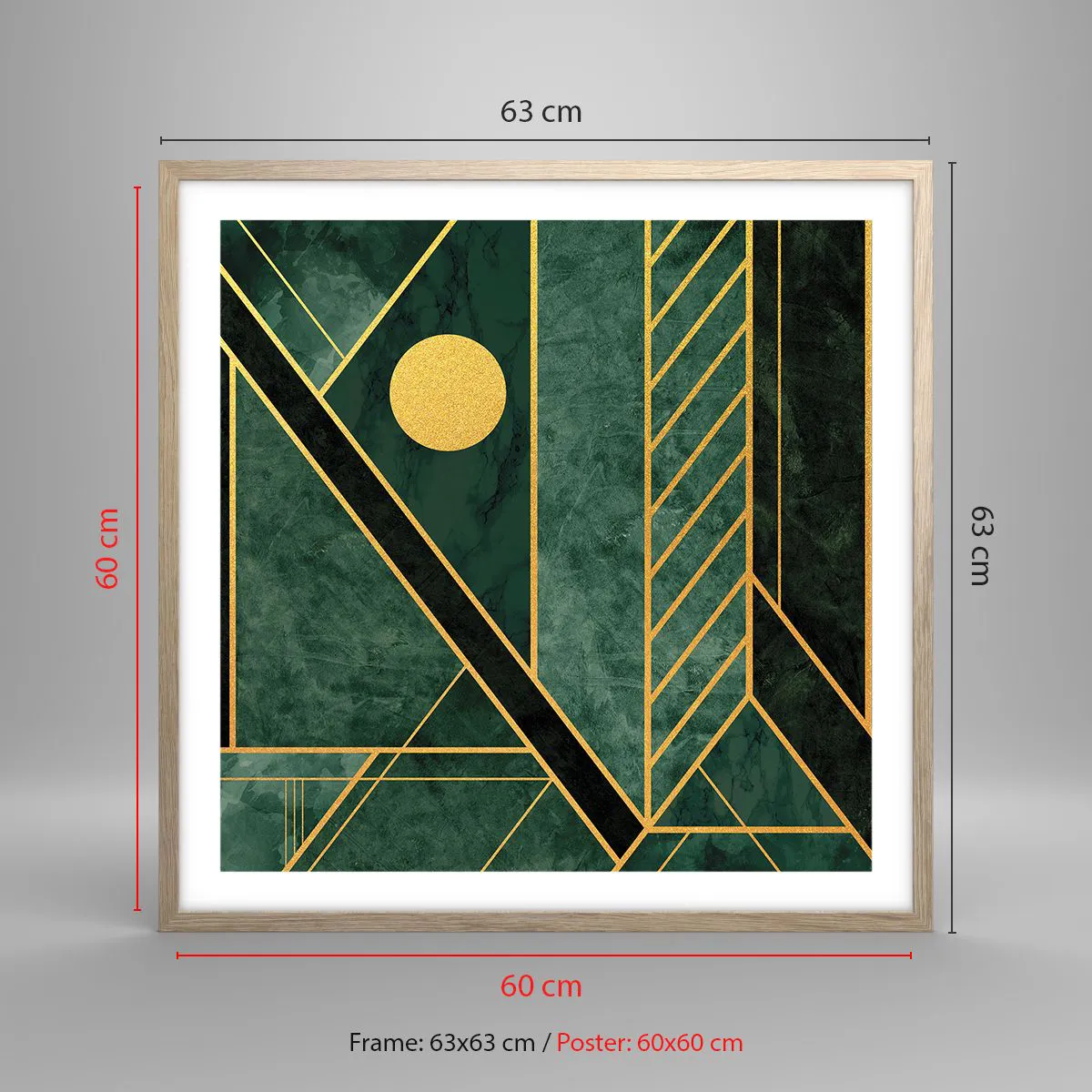 Een poster in een licht eiken lijst - Dynamiek van goud en azuur - 60x60 cm