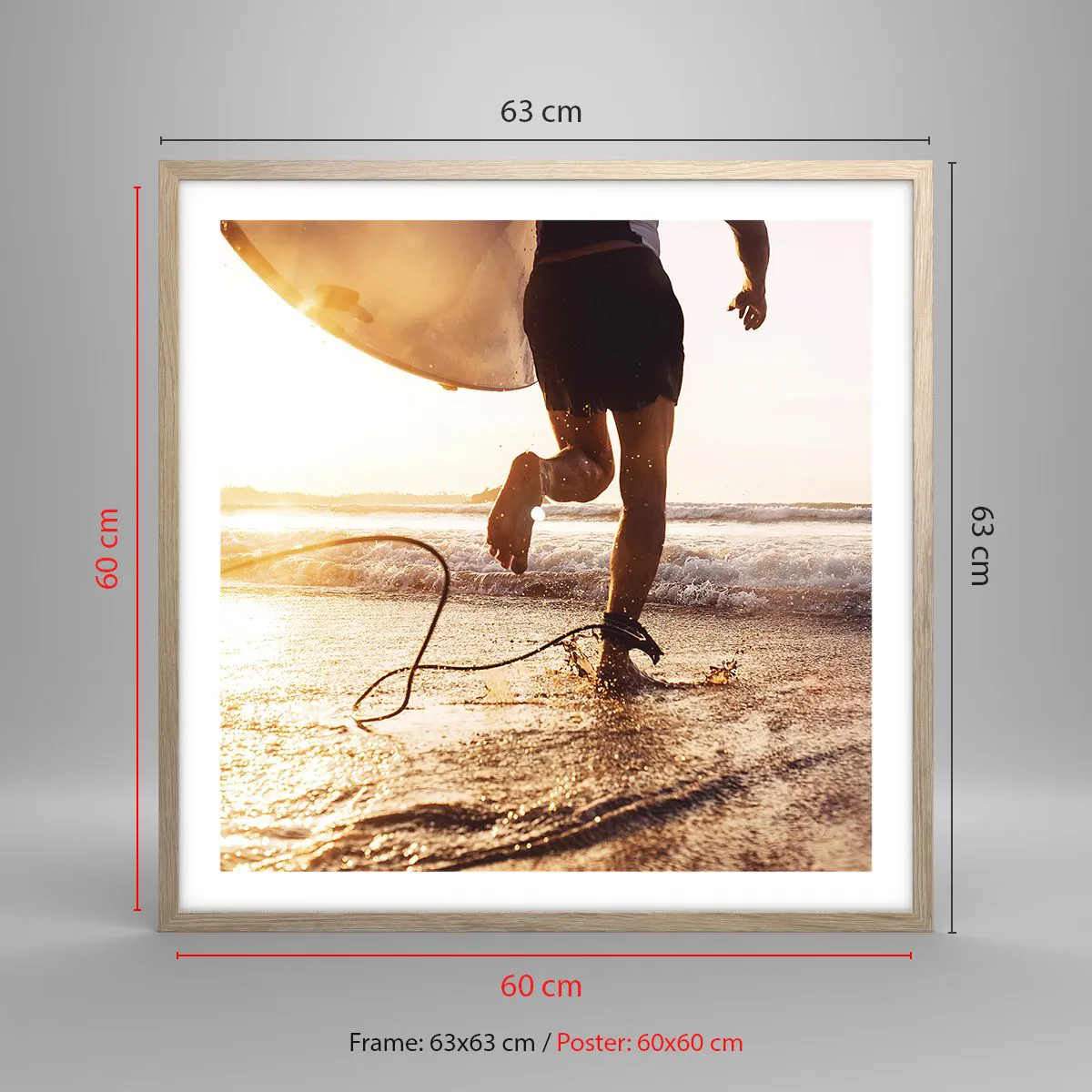 Plakat i ramme af lyst egetræ - For at møde bølgen - 60x60 cm