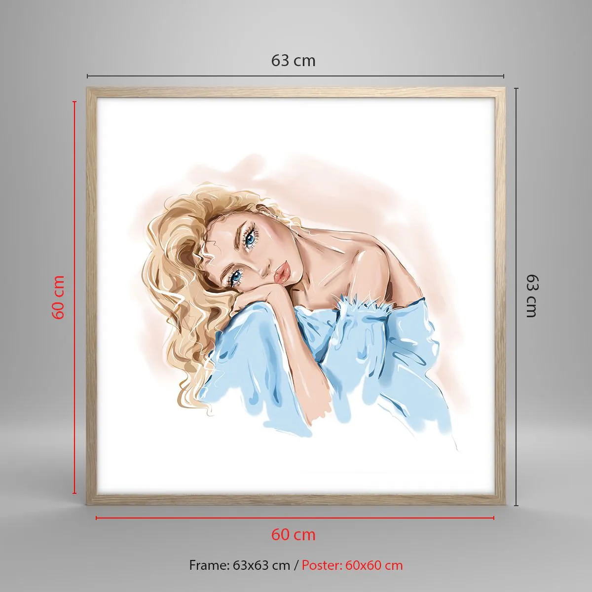 Affiche dans un chêne clair - Poster - Rêveuse en bleu - 60x60 cm