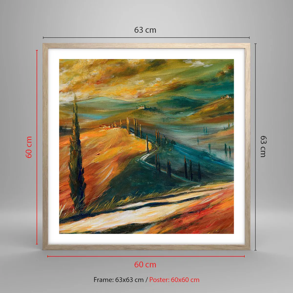 Affiche dans un chêne clair - Poster - paysage toscan - 60x60 cm