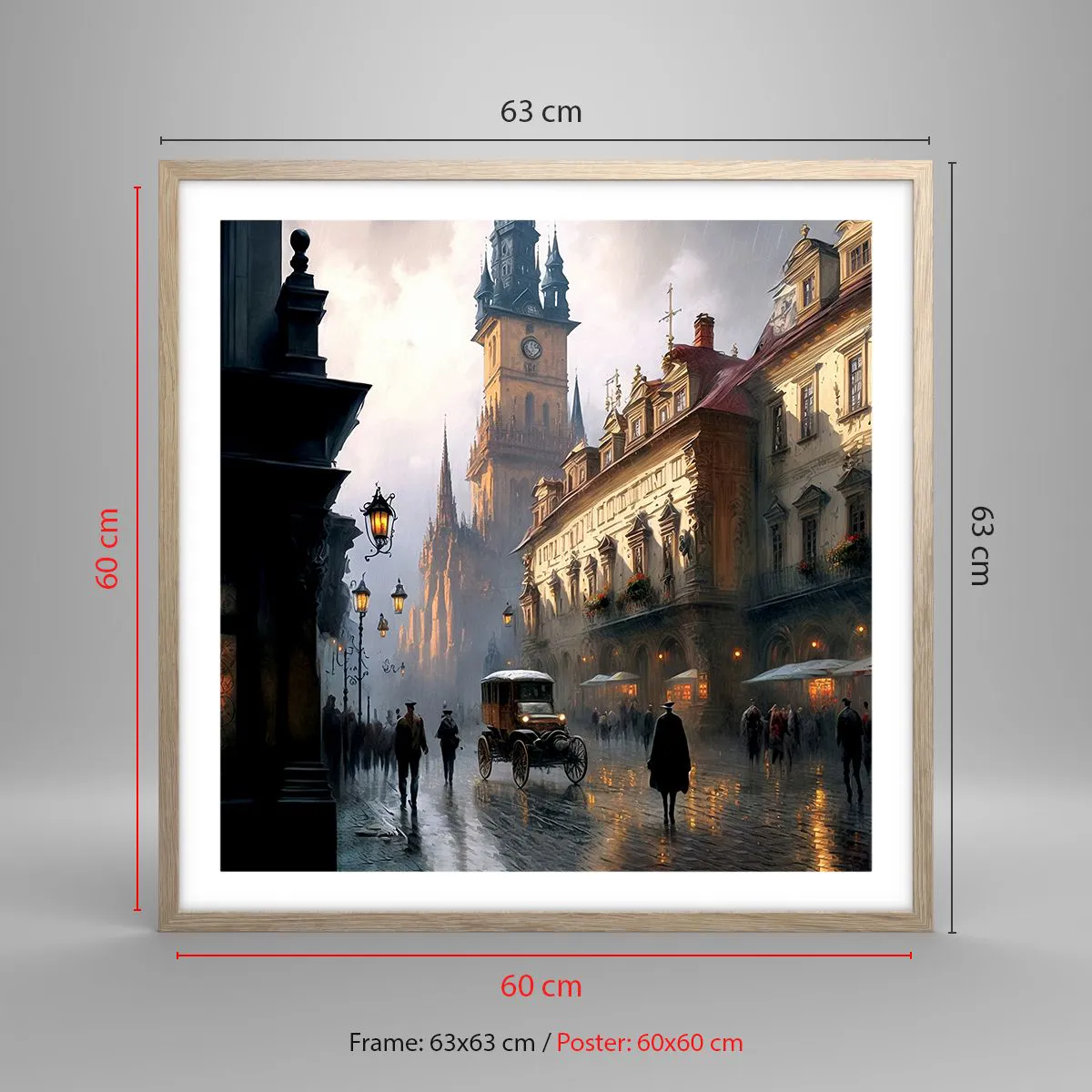 Poster in einem Rahmen aus heller Eiche - Charme eines Prager Abends - 60x60 cm