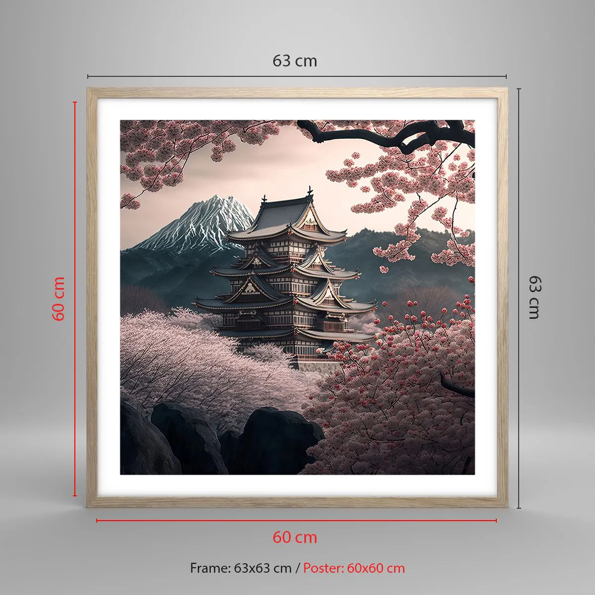 Plagát v ráme zo svetlého duba - Krajina kvitnúcich čerešní - 60x60 cm