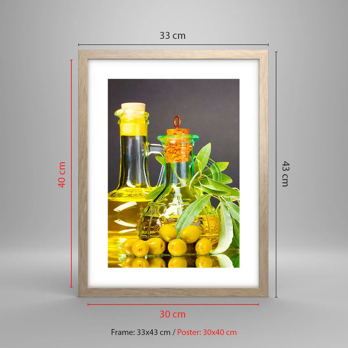 Plakát v rámu světlý dub - Zátiší s olivami a olejem - 30x40 cm
